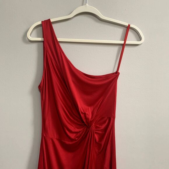 Laila Azhar Silk One Shoulder Dress Ruched Waist Short Red Medium Y2K Holiday - Picture 2 of 11